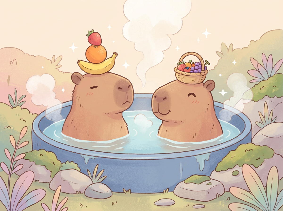 Two capybaras relaxing in a hot spring with fruit balanced on their heads